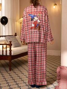 Gongdie 2 Pieces Disney Mickey Christmas Pajamas For Women,Fall Red Plaid Soft Cotton Loungewear With Pocket - Red - View 2