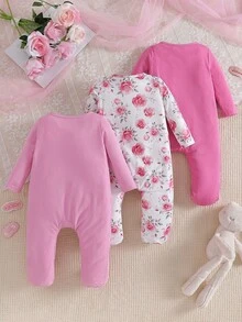 3pcs Baby Girl Casual Floral Print And Solid Color Button Long Sleeve Rompers, Newborn Bodysuits Perfect For Toddler Daily Wear - Pink - View 2