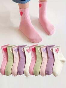 10 Pairs Colorful Heart Pattern Casual Sports Socks, Sweat-Absorbent Breathable Mid-Calf Student Socks For Big Kids - Multicolor - View 7