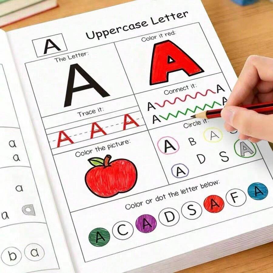 Cuaderno de trazo de letras ABC para niños de 48 páginas reforzadas | Aprender letras en inglés + Set de escritura gratuita de regalo | Libro de práctica de escritura temprana divertido con páginas para dibujar, regalo de vuelta a la escuela - Rojo - Ver 1