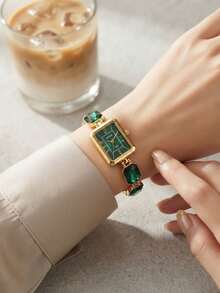 1pc Gold Fashion Casual White Strap Square Women's Quartz Watch, Jade Bracelet Design, Suitable For Daily Wear, Decoration And Gift - Green - View 2