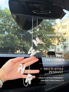 You Can Make Your Own White Diamond Letter Car Rearview Mirror Hanger. It Features A Silver Bead Chain Design, With An Elegant Shiny Cream Texture. It Can Be Easily Hung On The Car's Rearview Mirror And Is A Charming Interior Decoration For Your Car. - Letter Pendant - View 3