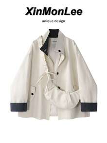 Premium Unique Stand Collar Vintage Utility Style Button-Up Jacket, Casual For College, Daily Wear And Office, Spring/Autumn - Apricot - View 1