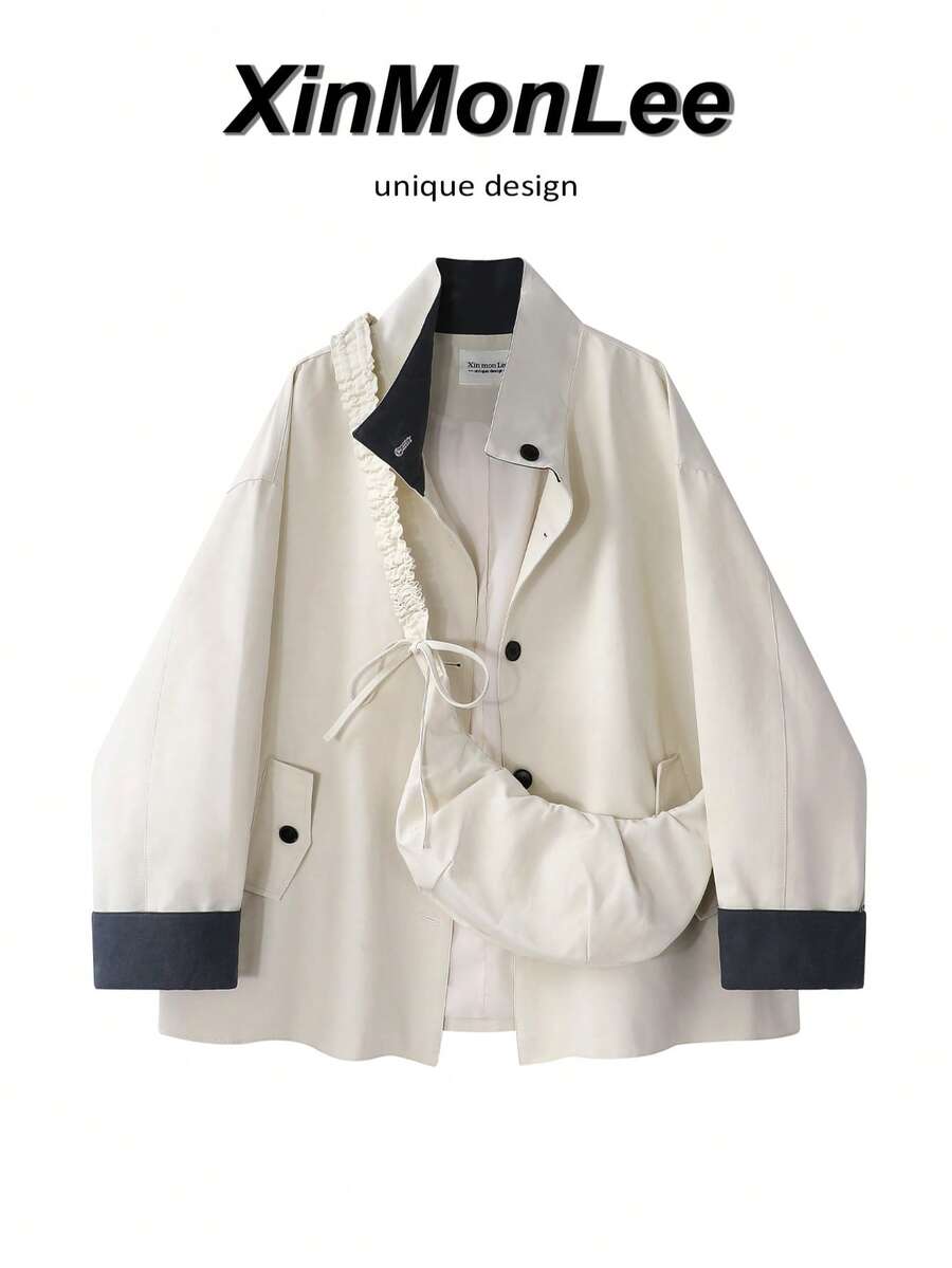 Premium Unique Stand Collar Vintage Utility Style Button-Up Jacket, Casual For College, Daily Wear And Office, Spring/Autumn - Apricot - View 1