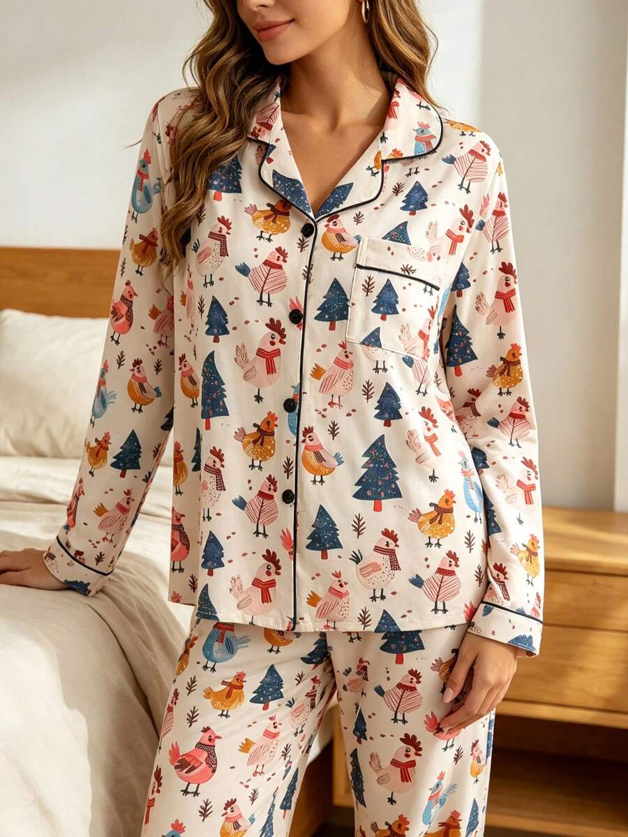 2pcs Women's Long Sleeve Pajama Set, Christmas Cartoon Chicken Family Pattern, Gift 2-Piece Set, Lapel Button Long Sleeve, Loose Elastic Long Pants, Suitable For All Seasons, Home Wear, Outdoor Wear, Comfortable And Loose, New Full Print Pattern - Apricot - View 1