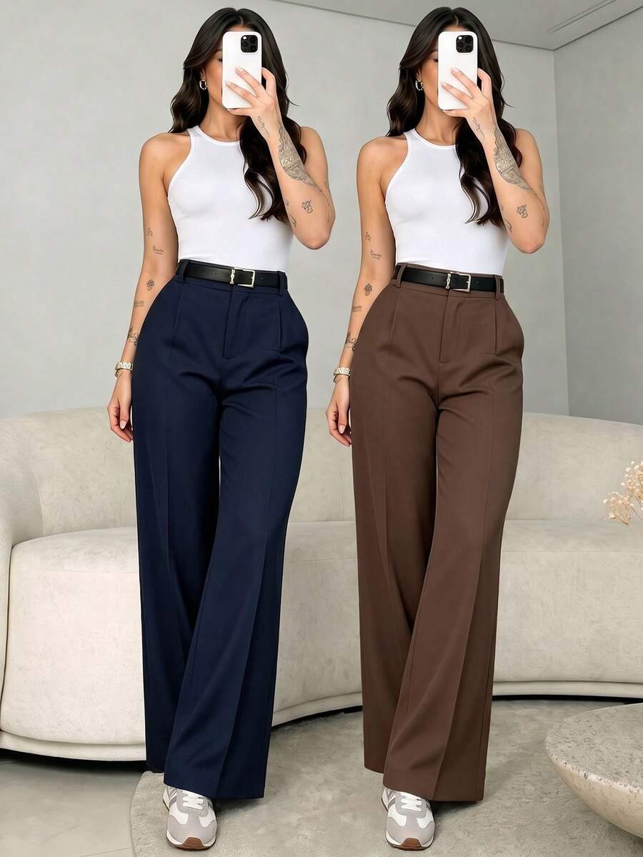 Women's High Waist Slim Fit Wide Leg Pants 2pcs/Set | Bohemian Street Style | Perfect For Spring/Summer Casual, Work Commute And Vacation (Belt Not Included) - Multicolor - View 1