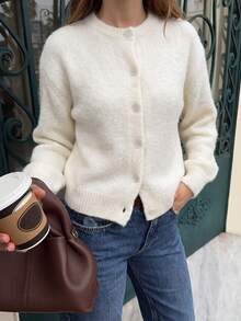 Live To Mo Women's White Elegant Minimalist Crew Neck Knit Cardigan, Loose Long Sleeve Casual Sweater Coat For Fall Back To School & Daily Wear - Apricot - View 4