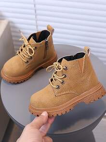 Retro Kids Lace-Up Ankle Boots Side Zipper Easy On/Off Thick Rope Laces Chunky Sole Non-Slip Casual Shoes For Boys Girls School Daily Wear - Khaki - View 2