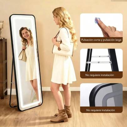 Espejo de Cuerpo Entero con Luz LED, 3 Modos de Iluminación, Espejo de Piso de Tamaño Completo para Recámara, Vestidor y Dormitorio