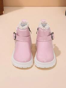 1 Pair Girls' Lace Trim Simple Thick Sole Ankle Boots, Autumn/Winter Vintage Buckle Side Zipper Campus British Style Non-Slip Boots - Pink - View 4