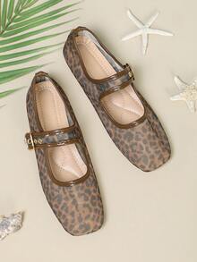 Women's Coffee Brown Flat Mary Jane Shoes With Leopard Print Mesh And Buckle Strap - Coffee Brown - View 4