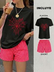 Women Two-Piece Outfits - 2 Playera Negra con Short Rayas Roja con Rosa - View 1