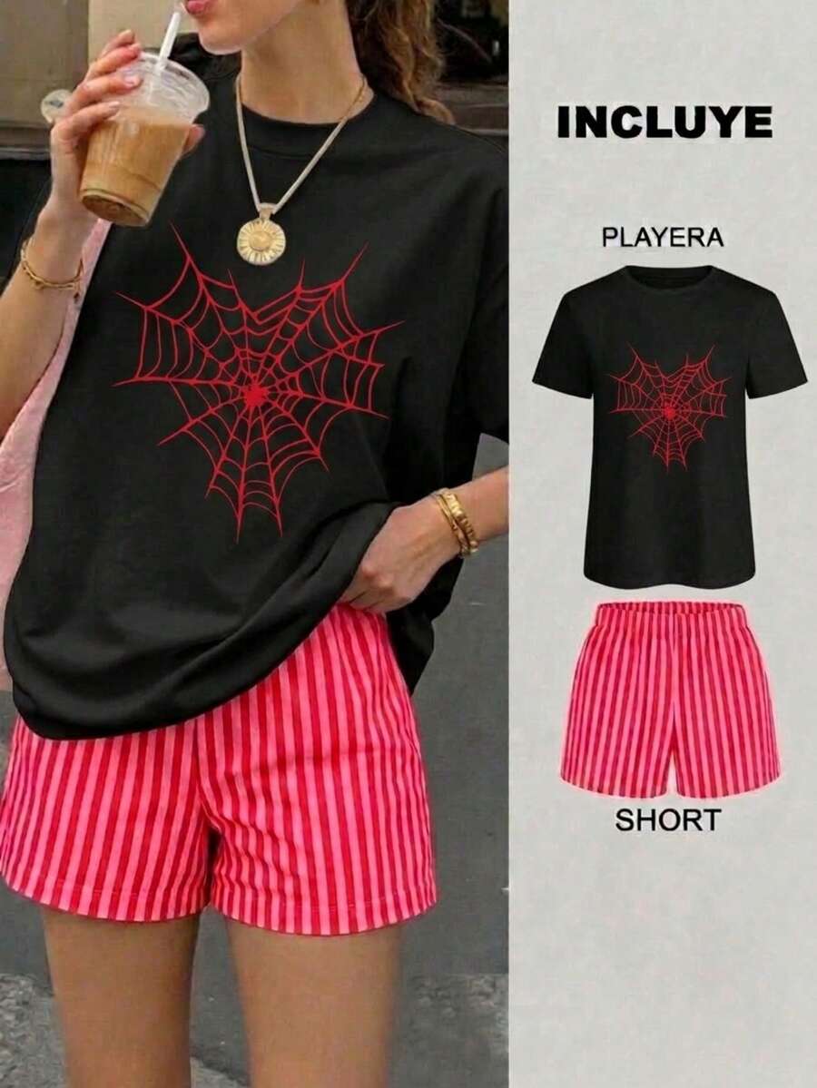 Women Two-Piece Outfits - 2 Playera Negra con Short Rayas Roja con Rosa - View 1