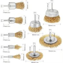 9-teiliges Drahtbürsten-Set für Bohrmaschine, Messingbeschichtete Stahldraht-Bürsten für Rostentfernung Entgraten Polieren Reinigen, für Metall Stein & Holz - A - Übersicht 3