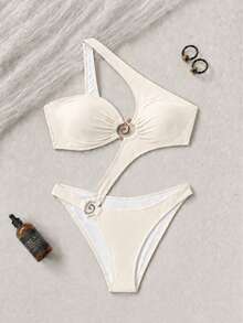 Sexy Green One-Shoulder Swimsuit, Suitable For Spring And Summer, Perfect For Beach Parties And Vacations, Romantic Style - White - View 2