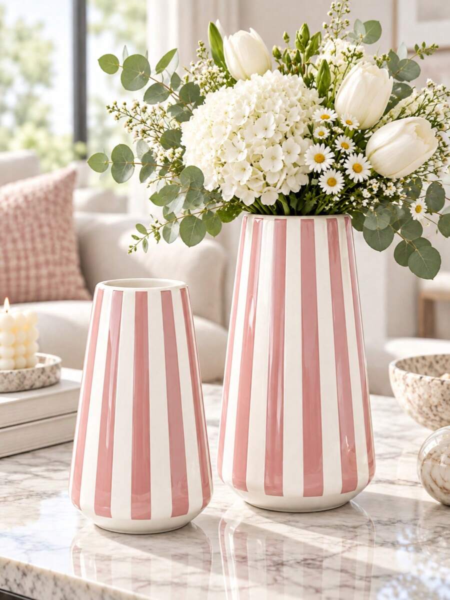 1pc Retro Striped Tapered Decor Vase, Versatile Tabletop Floral Container, Aesthetic Room Accent For Bedroom Living Room Home Decor - Cylindrical Stripes - View 1