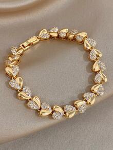 1Pc Gold Plated Heart Pave Gold Bracelet With Reversible Diamond & Polished Finish Y2K Delicate Jewelry For Women,Daily/Party, Christmas Gift,Wedding - Multicolor - View 1