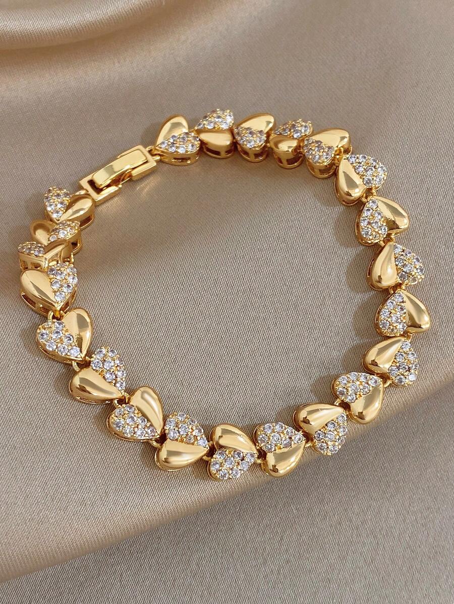 1Pc Gold Plated Heart Pave Gold Bracelet With Reversible Diamond & Polished Finish Y2K Delicate Jewelry For Women,Daily/Party, Christmas Gift,Wedding - Multicolor - View 1