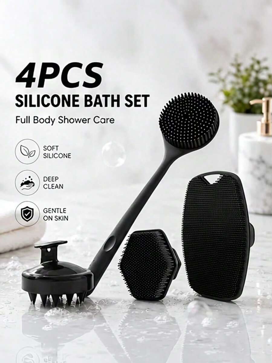 4pcs Bath Brush Set, Long Handle Back Brush, Soft Face And Body Brush, Scalp Massage Brush For Shower - Multicolor - View 1