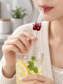3PCS Reusable Clear Bent Glass Straw With Red Cherry & Plaid Bow Ornament, For Hot & Cold Beverages, Great For Outdoor Picnic, Holiday Gathering, Wedding Party & Present - Clear - View 10