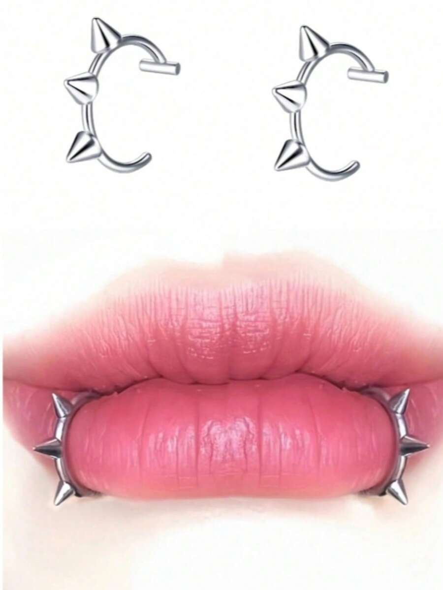 2pcs/1 Pair Punk Style Non-Pierced Lip Rings, Fashionable Personalized Lip Jewelry - Silver - View 1