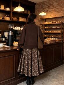Women's Vintage Casual A-Line Midi Skirt, Plaid Pattern Brown Skirt, Suitable For Commuting, Shopping, Dating, Comfortable And Elegant - Brown - View 5