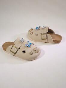 Girls' Beige Faux Suede Closed-Toe Mules With Rhinestone Detail & Adjustable Strap, Cork Footbed Casual Sandals, Little/Kids - Beige - View 9