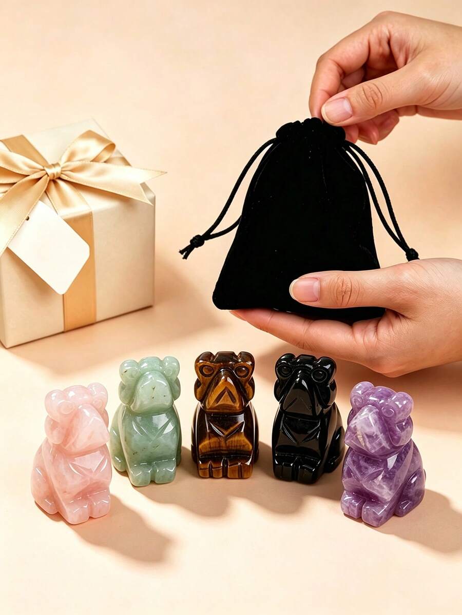 1/5 Pcs Colors Natural Stone Carved Dog Figurine With Velvet Pouch Mini Crystal Animal Statue Home Desktop Ornament Decorative Gift - Multicolor - View 1