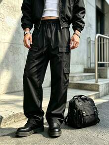 Men's Casual Street Style Cargo Pants - Loose Fit Wide Leg Trousers, Multi-Pocket Design, Drawstring Waist, Solid Color For Daily Wear, Elastic Waistband With Drawstring, Suitable For All Year Round - الأسود - مشاهدة 9
