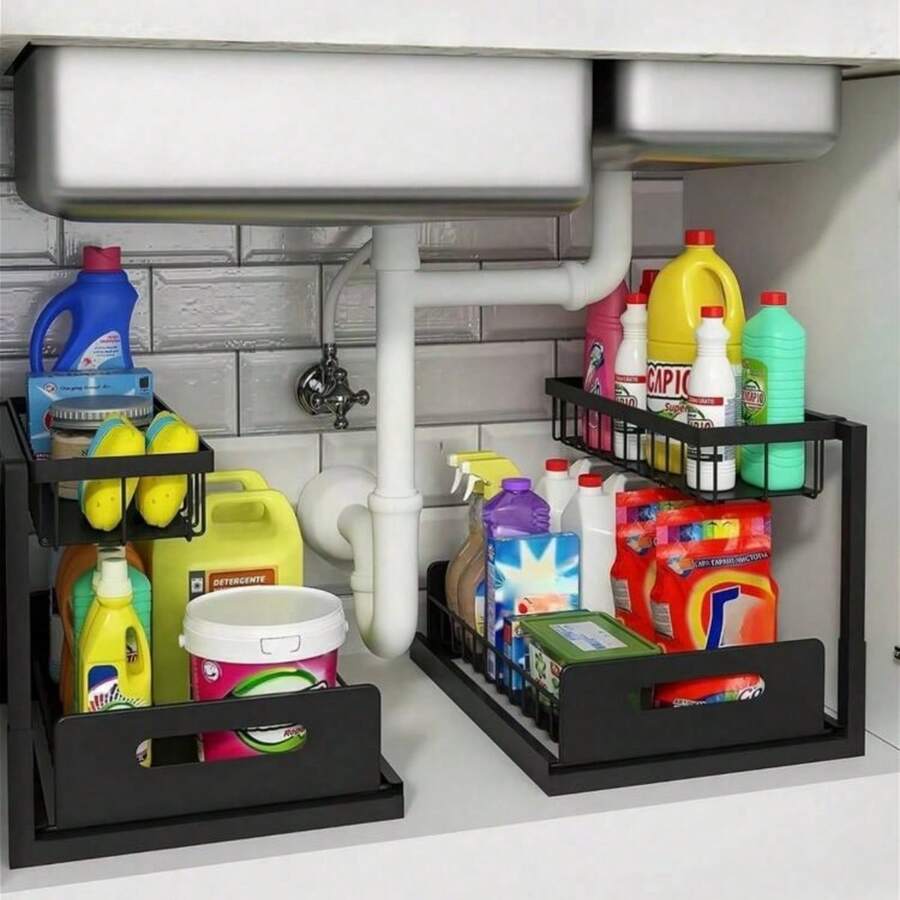 1pc 2-Tier Pull-Out Under Sink Storage Rack, Sliding Drawer Cabinet Organizer, Suitable For Kitchen Bathroom Closet Cabinet, Multi-Functional Cabinet Storage, Space-Saving, Adjustable, Rust-Proof, Heavy-Duty, Easy Assembly, Home Storage Solution - Black - View 1