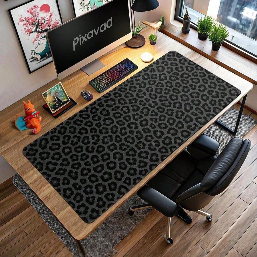 1pc Grey & Black Leopard Print Extended Mouse Pad, Large Gaming & Office Desk Mat, Suitable For Keyboard And Mouse, Dark Non-Slip Computer Pad, Men's Desktop Accessory Gift - View 1
