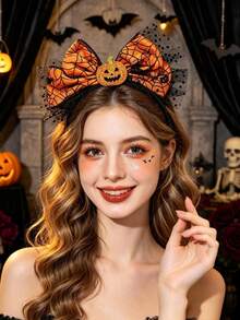 1pc Halloween Headband, Pumpkin Bow Design, Party Hair Accessory, Pumpkin Mesh Headpiece, Autumn Hair Accessory - Multicolor - View 1