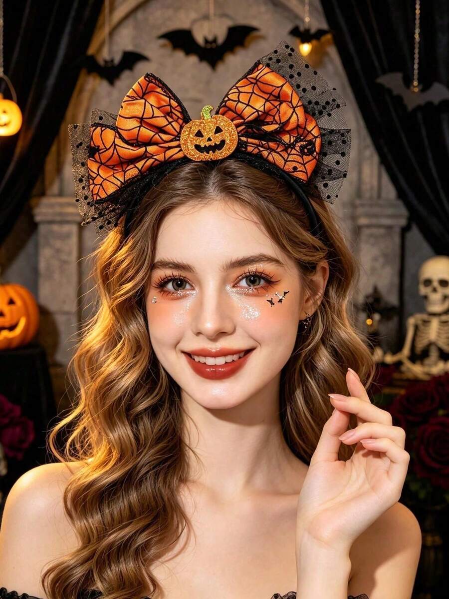 1pc Halloween Headband, Pumpkin Bow Design, Party Hair Accessory, Pumpkin Mesh Headpiece, Autumn Hair Accessory - Multicolor - View 1