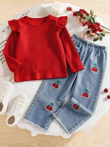Girls Red Waffle Knit Flutter Sleeve Long Sleeve Top & Cherry Embroidered Frayed Hem Straight Leg Denim Jeans 2 Pieces Set, Sweet Style Spring/Autumn - Red - View 8
