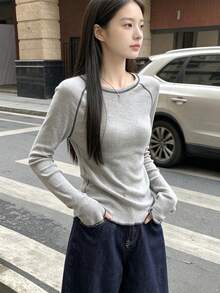 YCYC Korean Vintage Chic Contrast Stitching Round Neck Raglan Long Sleeve T-Shirt Women Frill Trim Line Undershirt Top - Grey - View 3