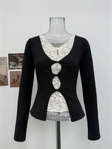 Korean Style Faux Two Pieces V-Neck Lace Hollow Long Sleeve T-Shirt Women Autumn/Winter Inner Layer Slim Fit Top - Black - View 6