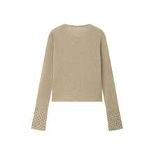 Women's Autumn/Winter Casual Knit Top With Coconut Shell Button Placket, Polka Dot Patchwork, Flared Sleeves, Cropped Base Layer - Apricot - View 8