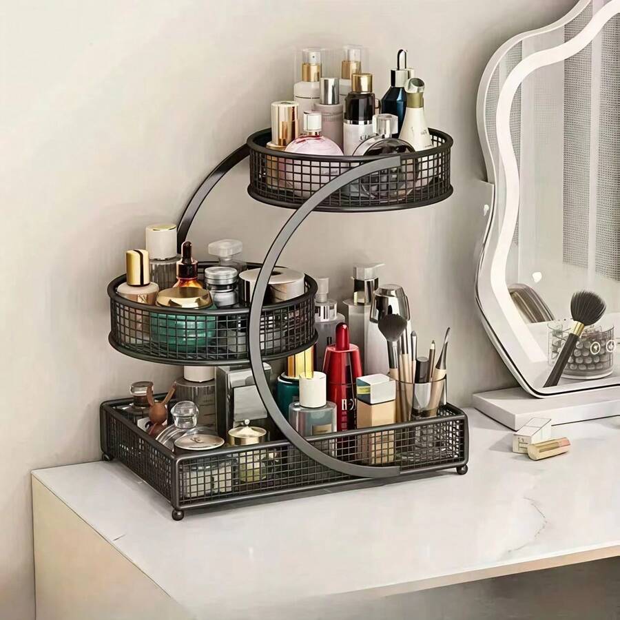 1 buah Rak Penyimpanan Kosmetik Logam Ringan Tanpa Perakitan, Cocok untuk Meja Rias dan Meja Kamar Mandi - Sempurna untuk Meletakkan Lipstik, Produk Perawatan Kulit, dll., Organizer Meja | Estetika Modern | Rak Logam Tahan Lama, Rak Penyimpanan Kamar Mandi - Hitam - View 1