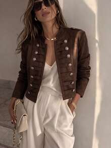 Women's Vintage Brown Short Jacket, Long Sleeve, Round Neck, Front Button, Woven Fabric, Autumn Outerwear - Brown - View 1