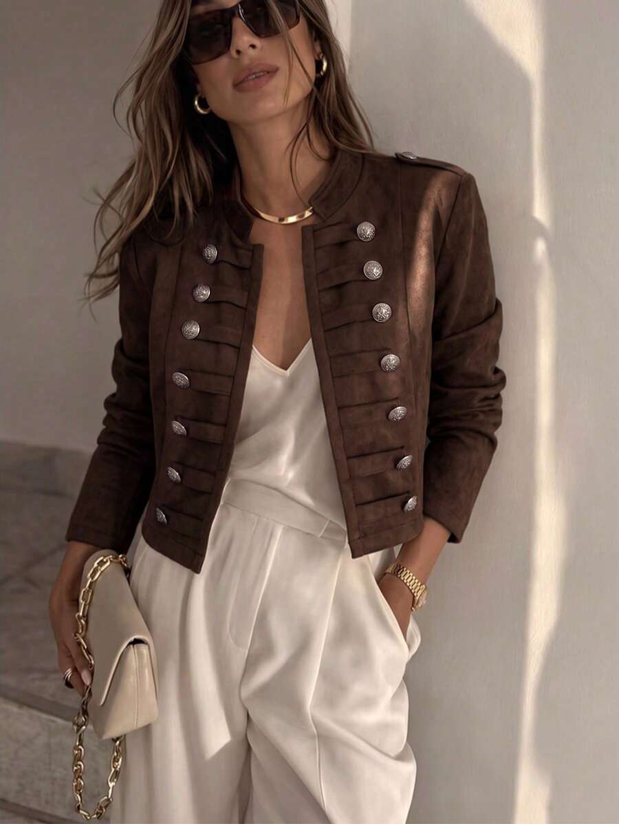 Women's Vintage Brown Short Jacket, Long Sleeve, Round Neck, Front Button, Woven Fabric, Autumn Outerwear - Brown - View 1