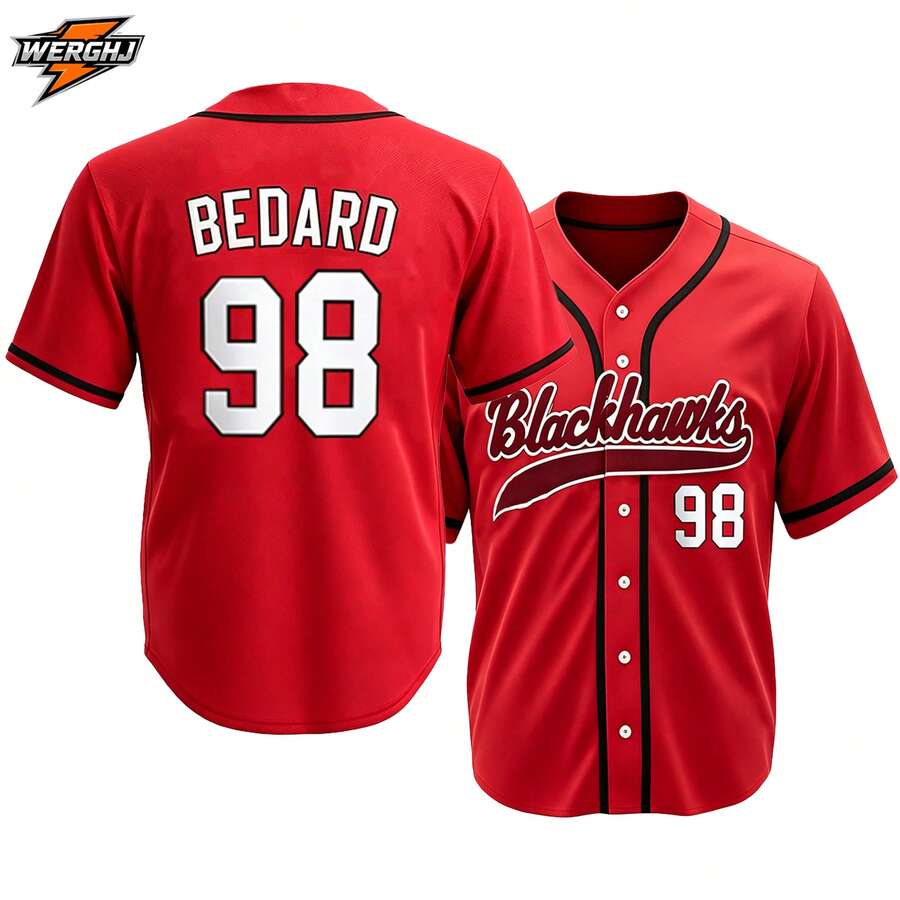 Men's #98 Bedard Blackhawk Red Baseball Jersey, Embroidered Casual Sports Baseball Apparel Fan Edition - Red - View 1