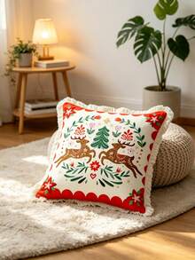 1PC Christmas Print Pillow Cover With Tassel Border, Double-Sided Decorative Pillowcase, Reindeer Flower Christmas Tree Pattern, Home Decoration, Sofa, Bed, Bedroom(Excluding Pillow Core)-Size Excludes 3cm Tassels - Multicolor - View 10