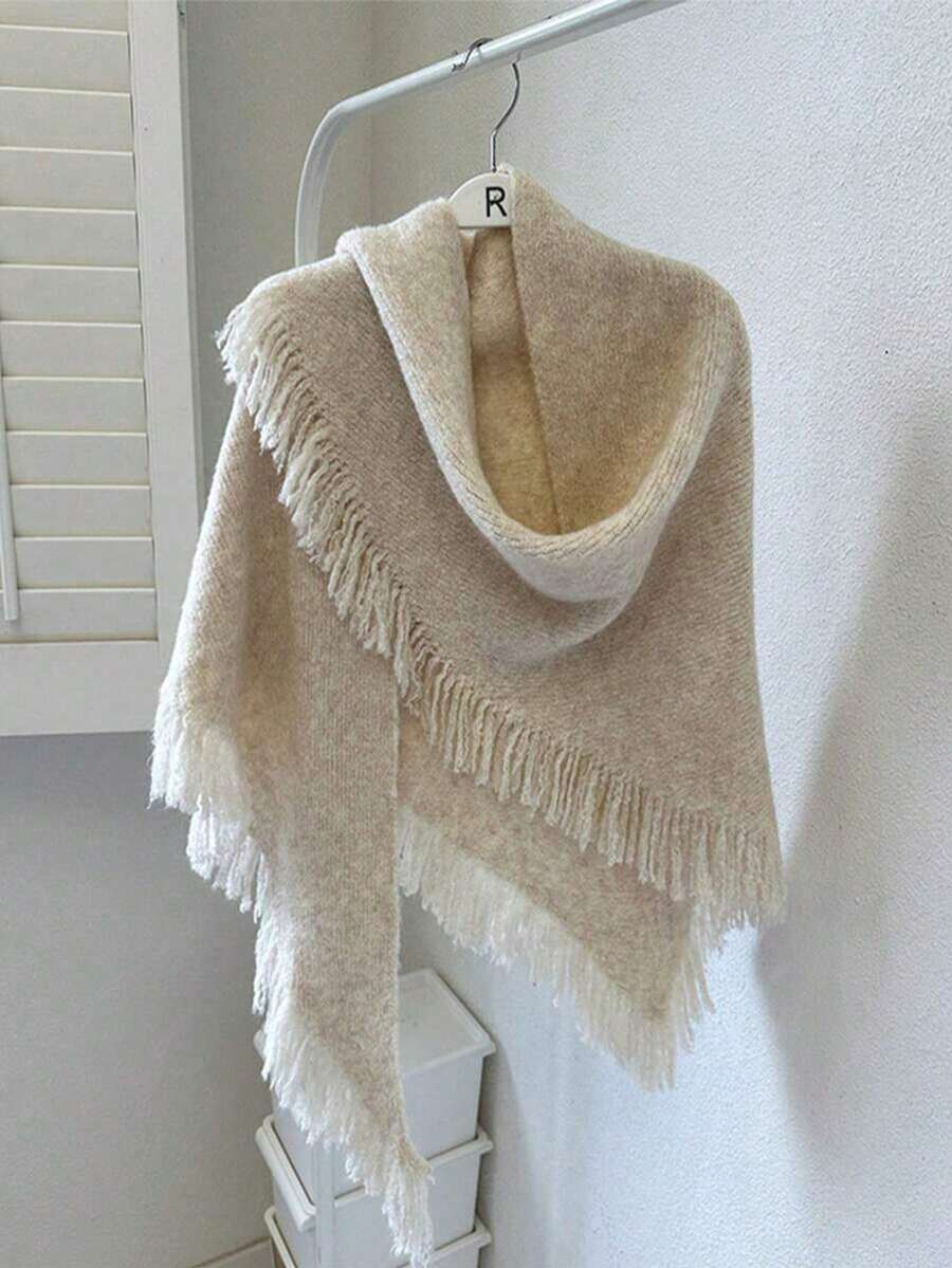 1pc Light Beige Triangle Shawl Scarf, Women's Knitted Tassel Shawl, Soft And Comfortable Women's Shoulder Wrap - Beige - View 1