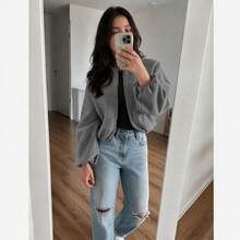 Women Solid Color Zip-Up Short Jacket With Pockets, Casual Long Sleeve Soft Bomber Jacket, Versatile Minimalist Design For Autumn/Winter Spring - Grey - View 3