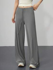 Women Solid Drawstring Elastic Waist Wide Leg Yoga Pants, Loose Soft Casual Sports Trousers For Workout Daily Wear - Light Grey - View 7
