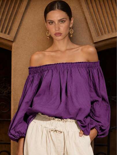 2026 New Off-Shoulder Lantern Sleeve Puff Sleeve Casual Top Autumn Blouse Bohemian Top Elastic Neckline Long Lantern Sleeve Ruched Sleeve Loose Fit Slightly Wrinkled Vacation Outfit Vacation Style Date Night Top Effortless Chic Bohemian Hot Girl Plus Size Friendly