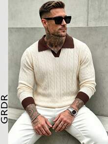 GRDR Fashion Men's Colorblock Collared Knit Long Sleeve Top - Casual Daily Wear - Apricot - View 3