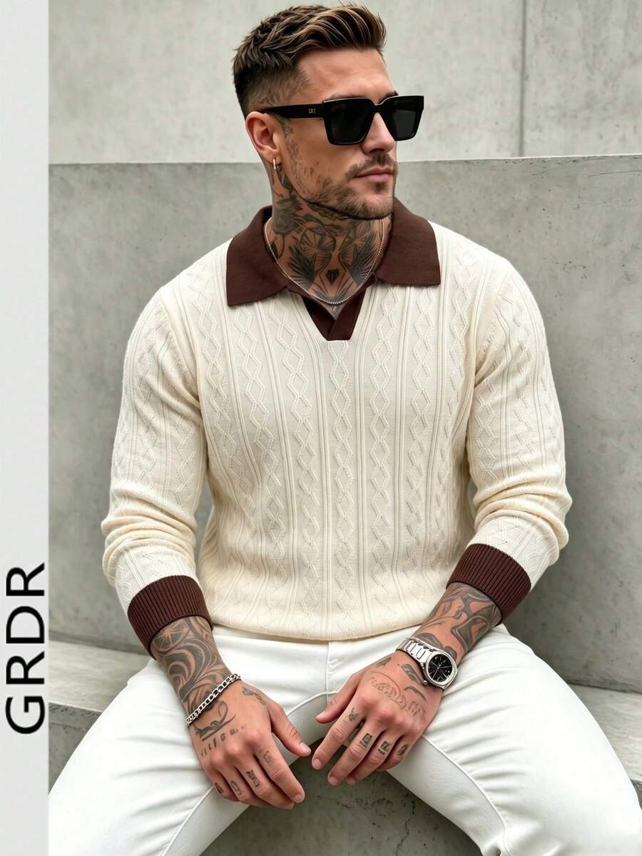 GRDR Fashion Men's Colorblock Collared Knit Long Sleeve Top - Casual Daily Wear - Apricot - View 1