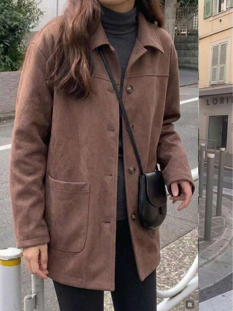 女款時尚棕色長袖領口襯衫外套，梭織布料，前開鈕扣，標準長度 - 咖色 - 查看 4