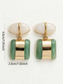 2pcs Women's Earrings, Pink And Green Resin Material, Dual-Color Patchwork Geometric Shape With Metal Rim Design, Fresh Vintage Style, Suitable For Daily Commute Wear - Multicolor - View 2
